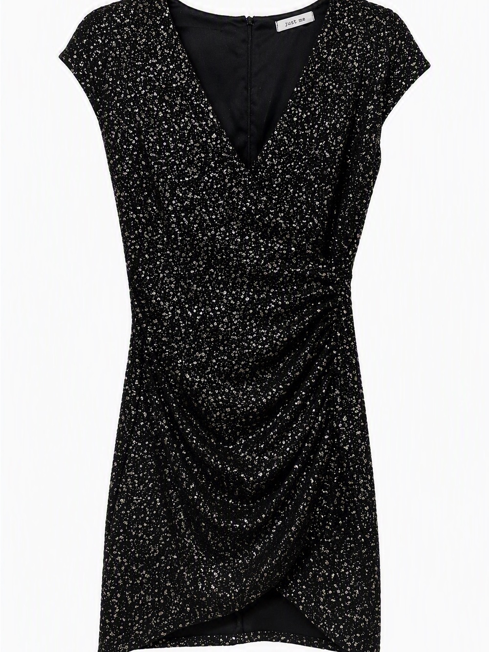 Just Me Black and Gold Glitter Ruched V-Neck Mini Dress